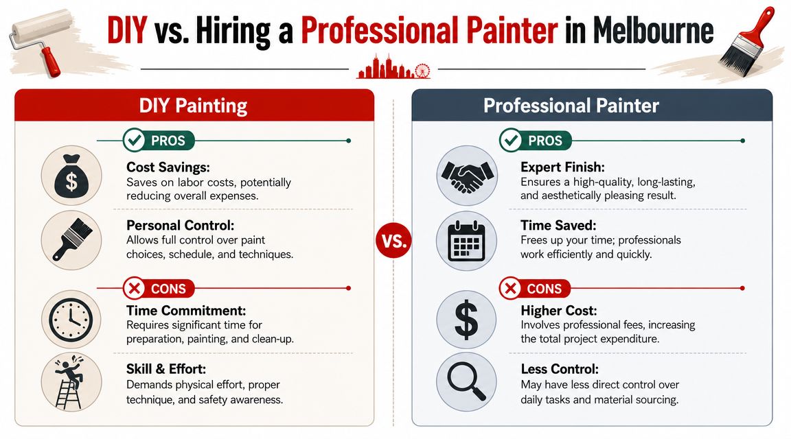A comparison chart outlining the pros and cons of DIY painting versus hiring professional painters in Melbourne.