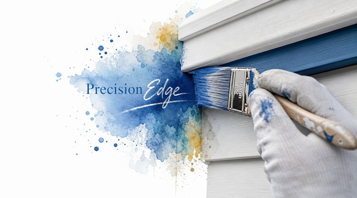 A close-up view of a gloved hand painting a blue line onto white house siding with a brush.
