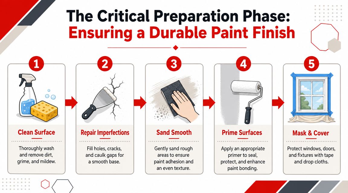 A five-step infographic guide detailing the essential preparation process required to achieve a durable paint finish.