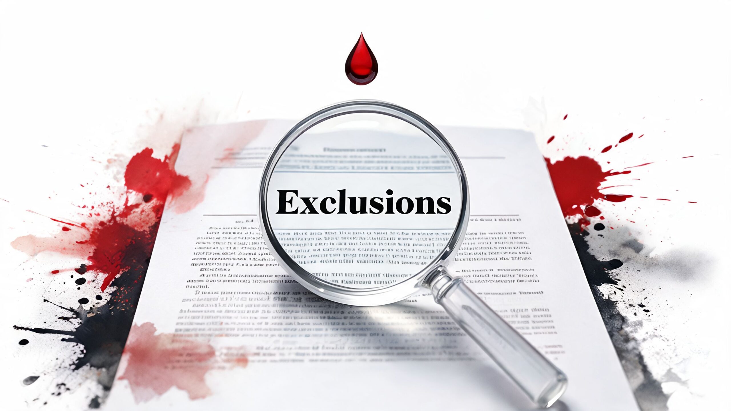A magnifying glass focusing on the word Exclusions on a blood-stained document, representing insurance policy terms.