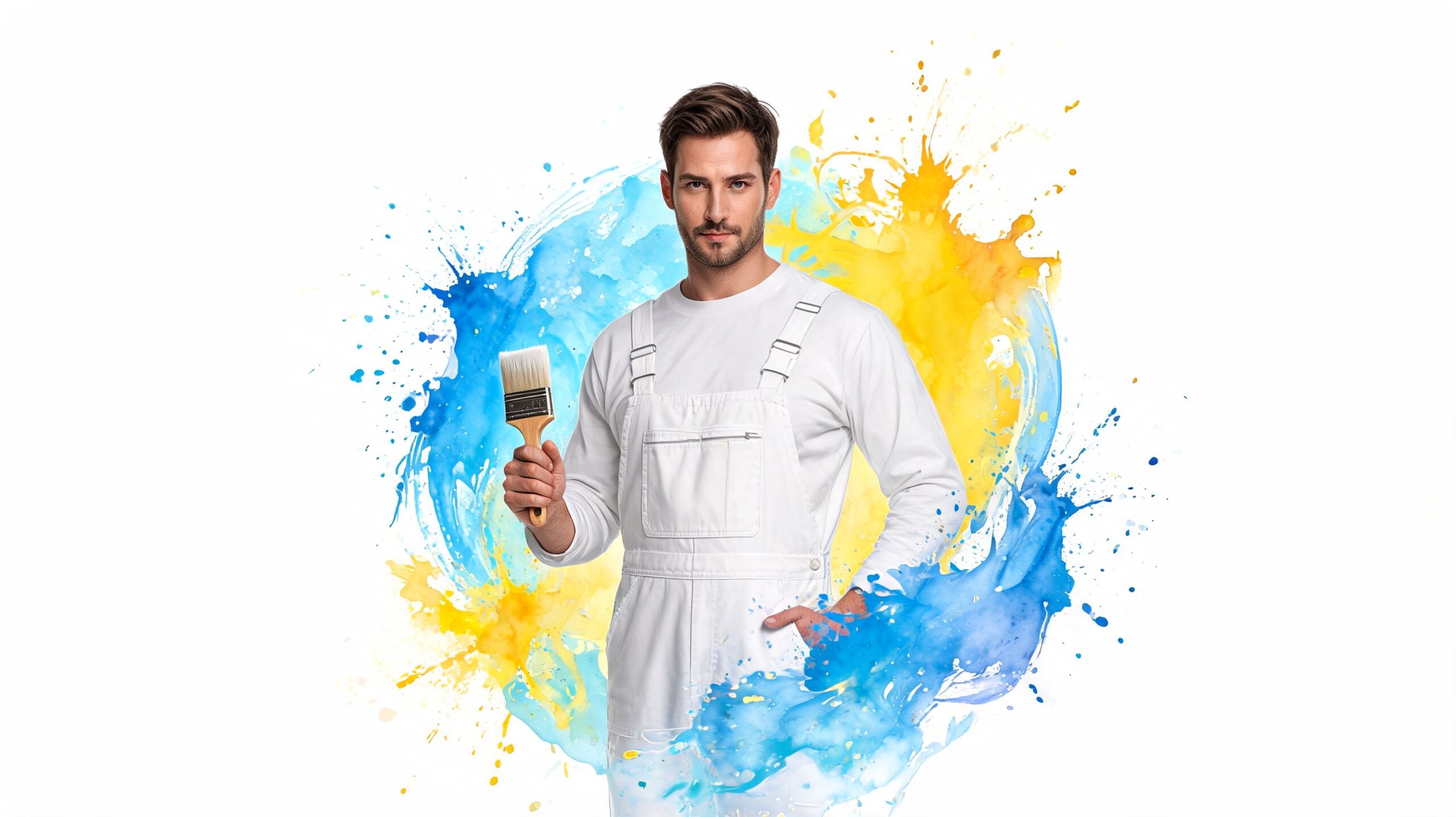 A professional male painter in white overalls holding a brush against a colorful abstract paint splash background.