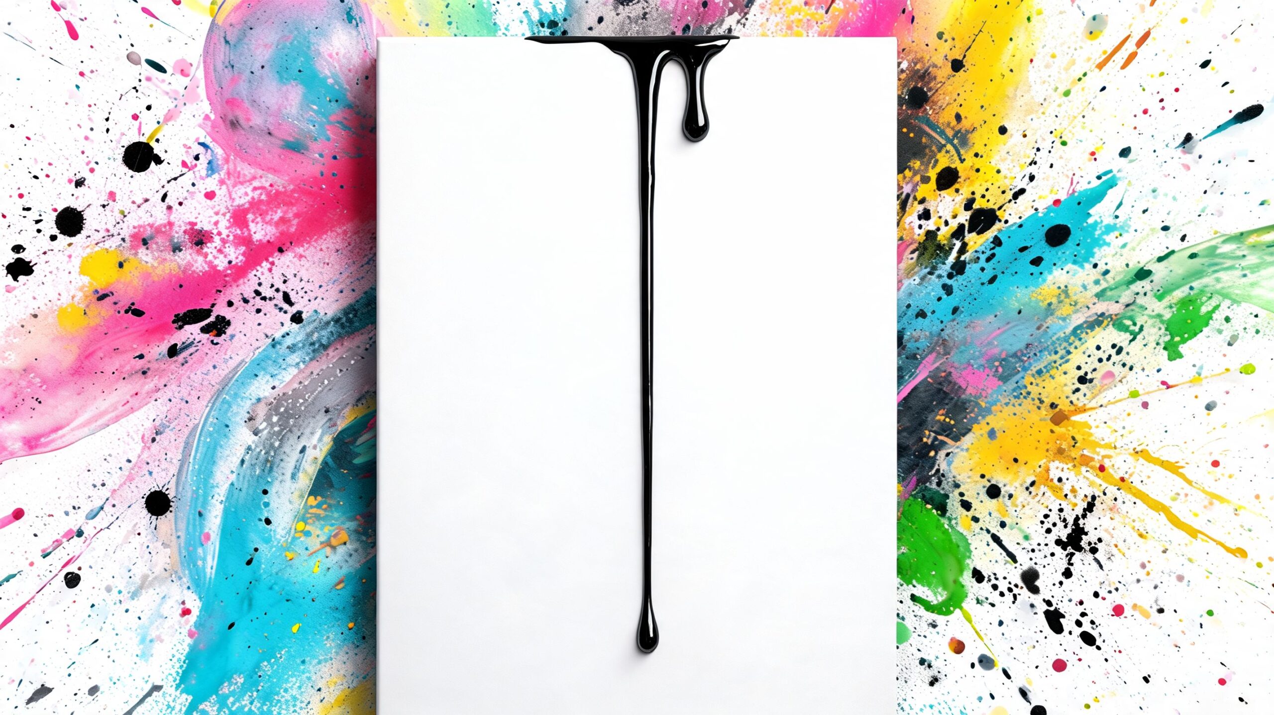 A blank white rectangular canvas with black paint dripping down over a colorful abstract painted background.