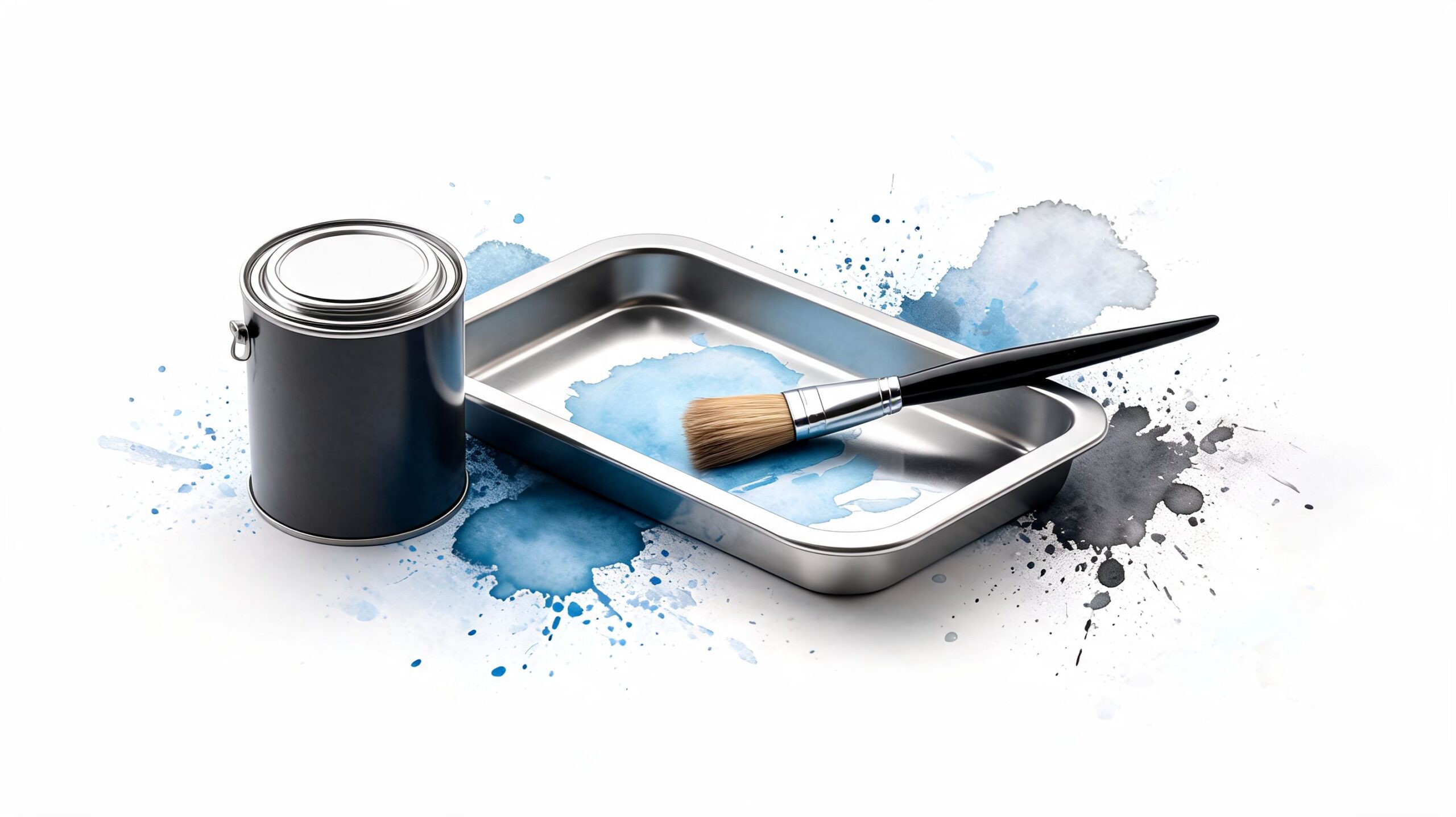 A black paint can, a metallic tray, and a paintbrush resting on a blue paint splash background.