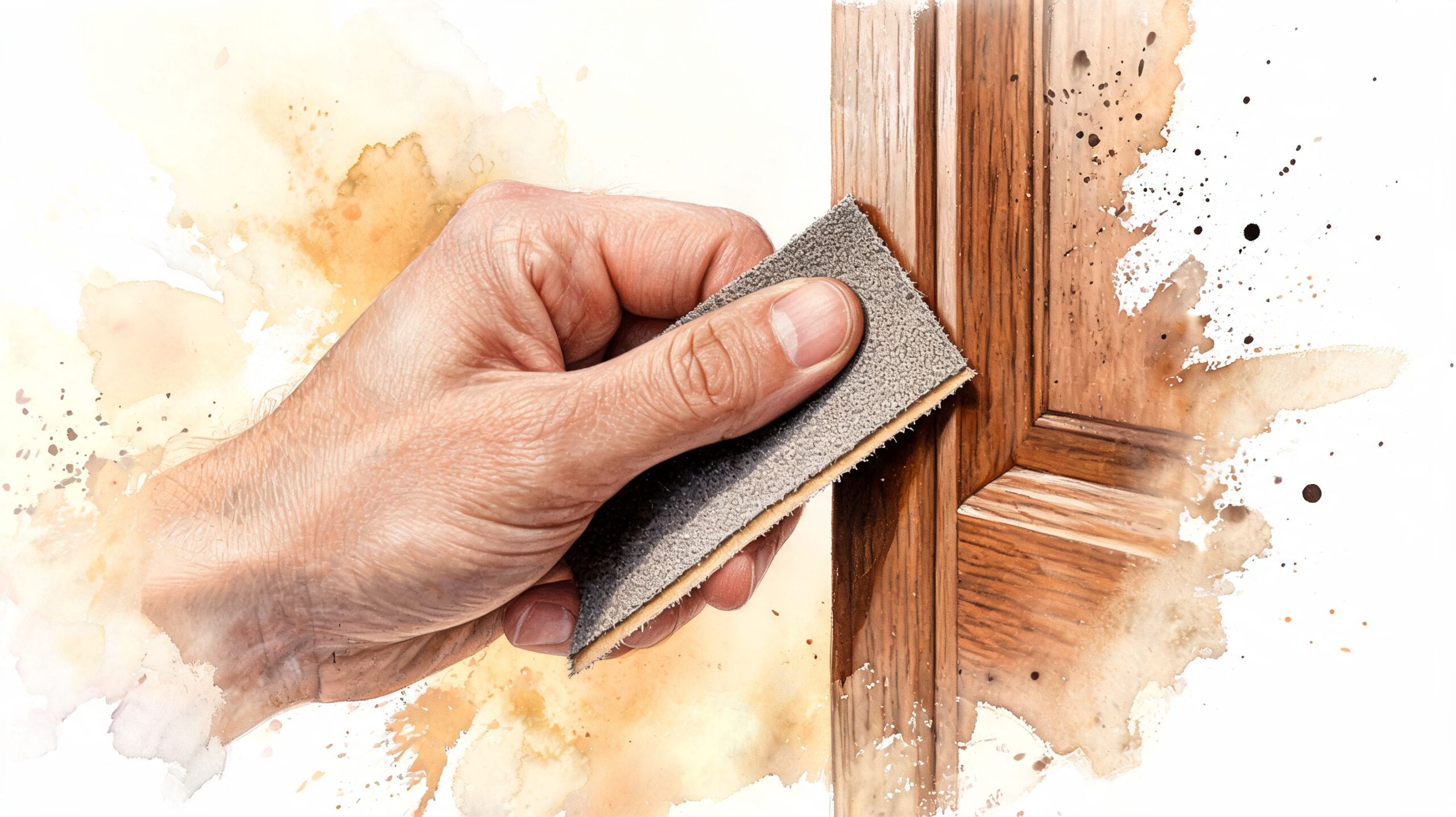 A close-up view of a person using sandpaper to smooth the surface of a wooden door frame.