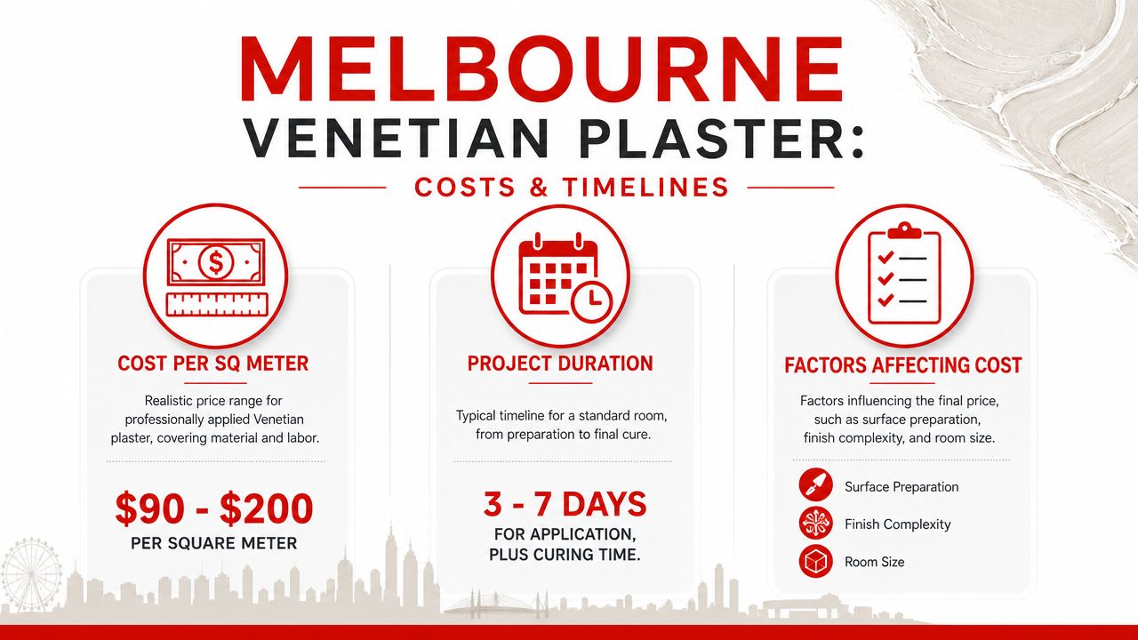 An infographic showing costs and timelines for professional Venetian plaster application in Melbourne homes.