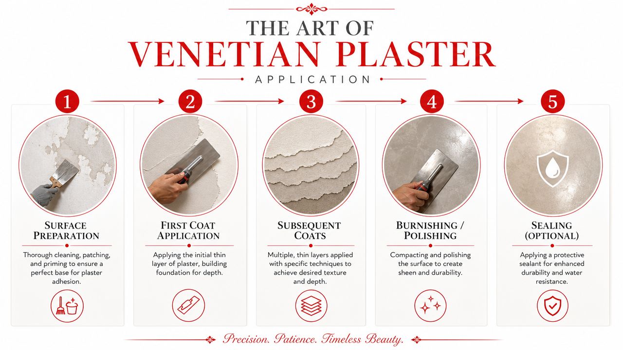 A step-by-step infographic showing the five stages of applying Venetian plaster on a wall surface.