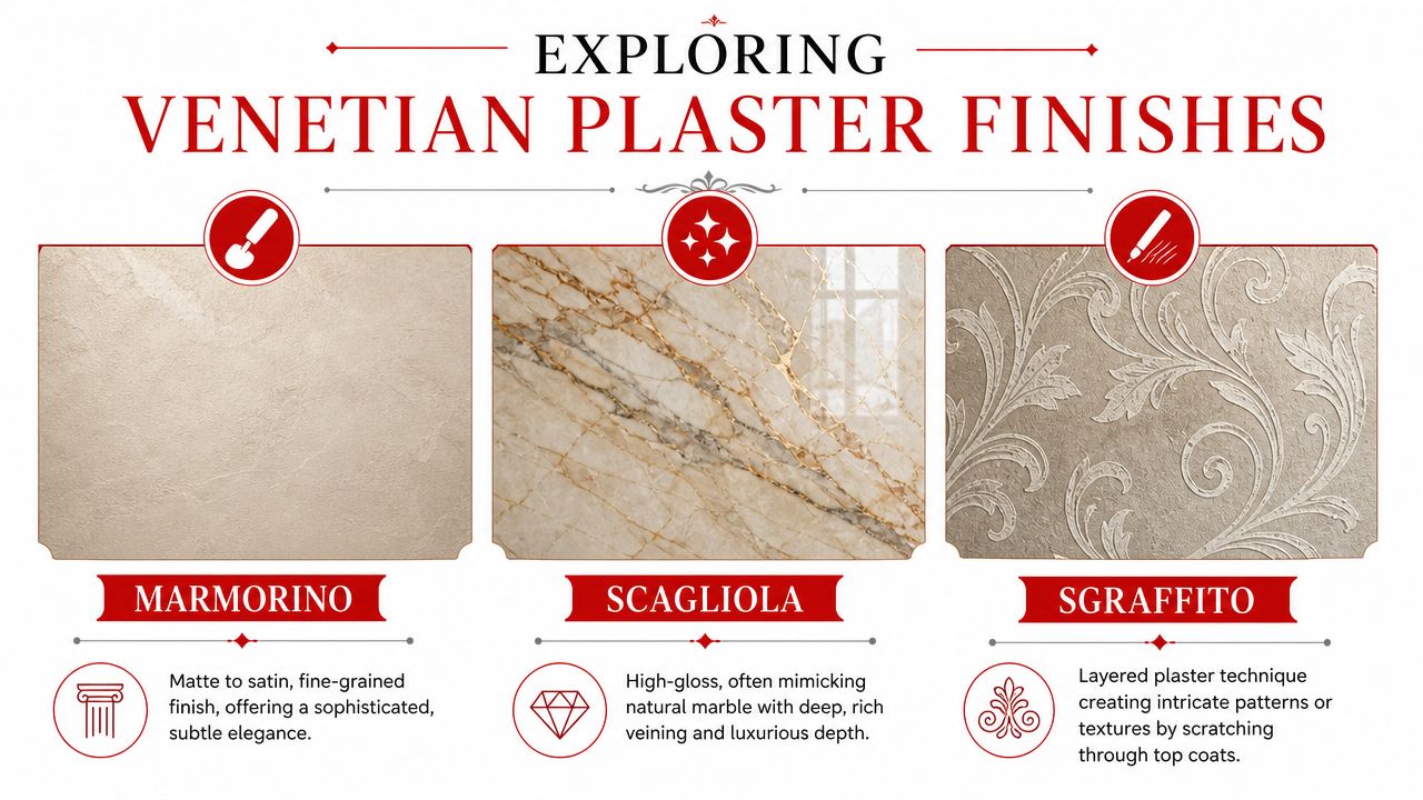 An infographic displaying three types of Venetian plaster finishes: Marmorino, Scagliola, and Sgraffito with their descriptions.
