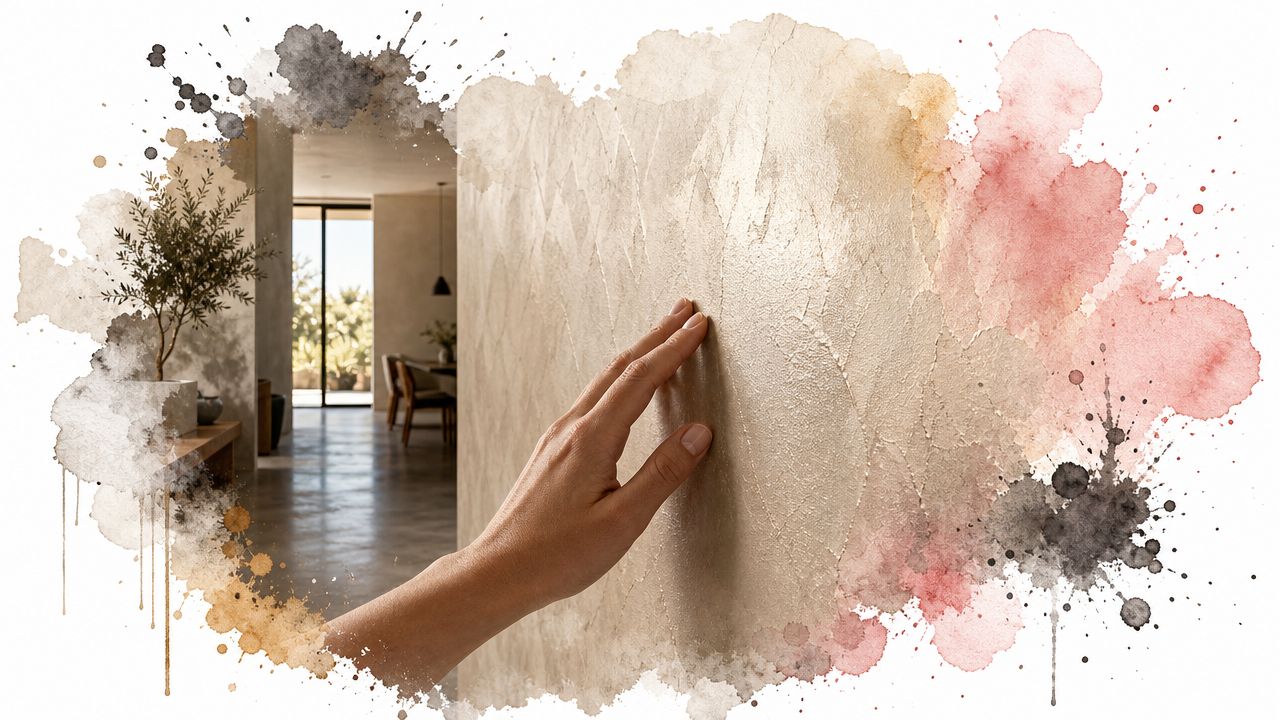 A hand gently touching a textured metallic venetian plaster wall in a modern minimalist interior space.