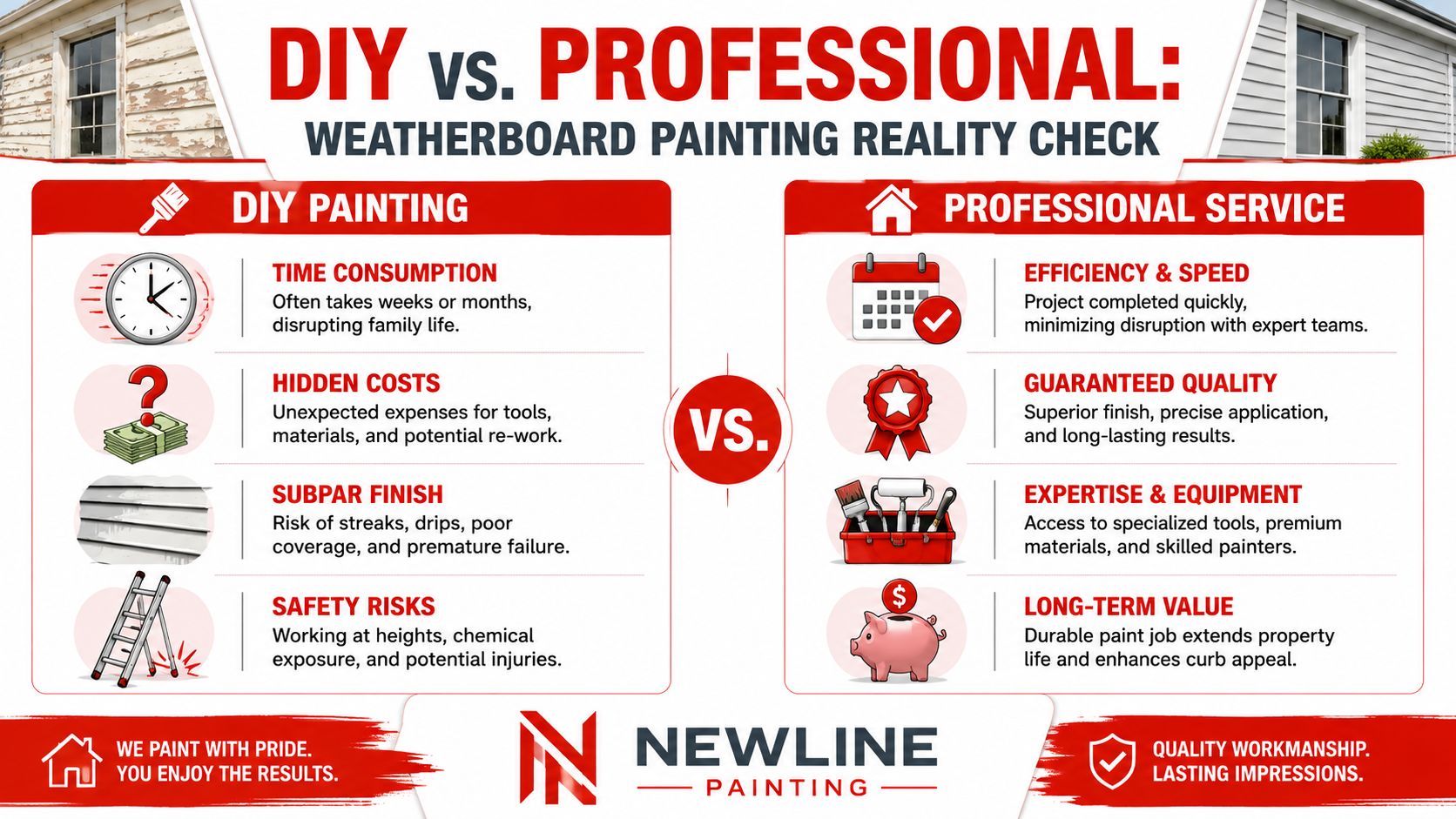 A comparison chart showing the pros and cons of DIY versus professional weatherboard painting for home improvement.