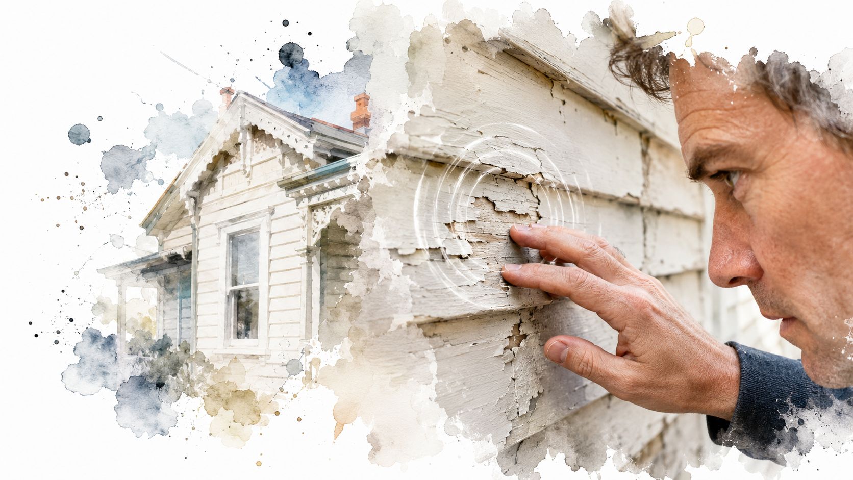 A man inspecting the damaged and peeling paint on the wooden weatherboard siding of an old house.