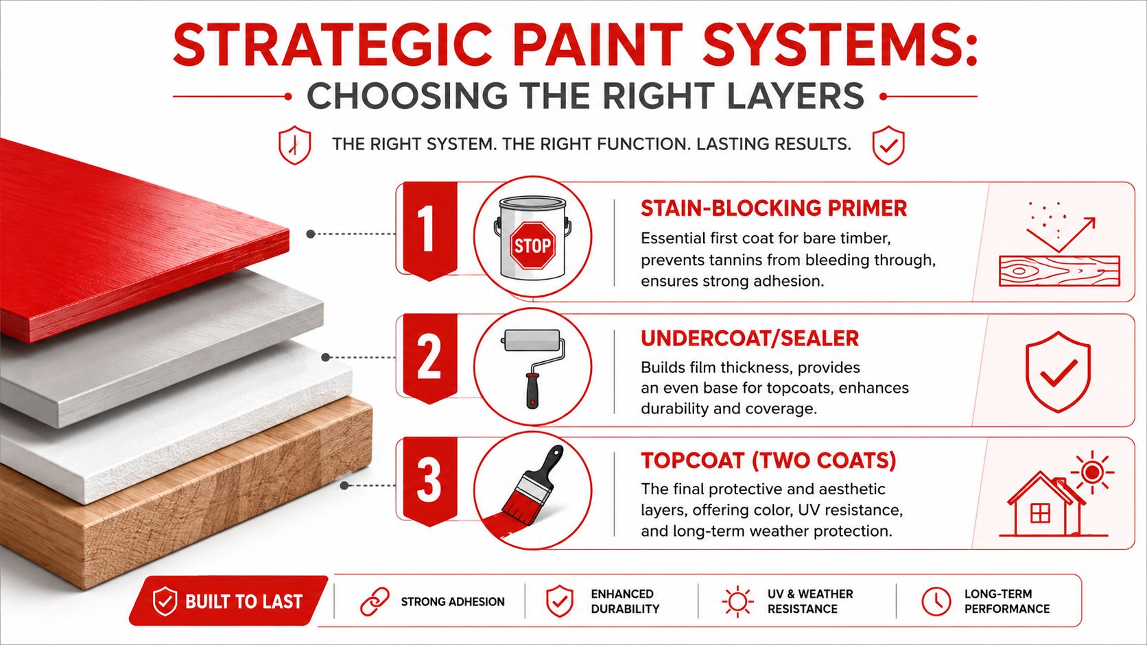 A diagram illustrating a three-layer strategic paint system for wood surfaces including primer, undercoat, and topcoat.