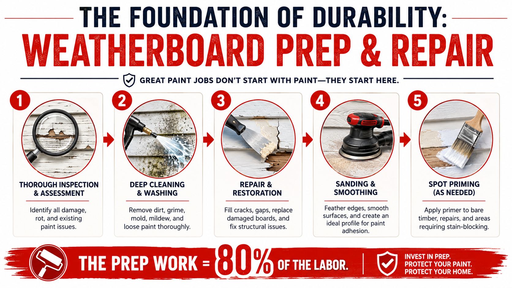 A five-step guide for proper weatherboard prep and repair before painting to ensure long-lasting results.