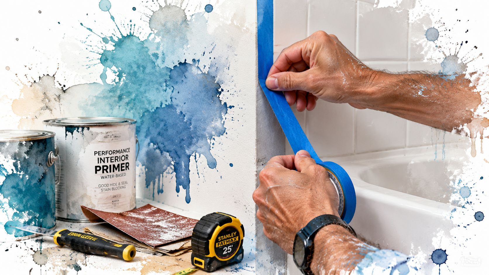 A person applies blue painter's tape to a bathroom wall near a bathtub with tools nearby.