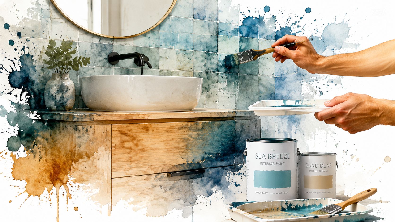 A hand painting a bathroom wall with blue paint while paint cans and supplies sit nearby.