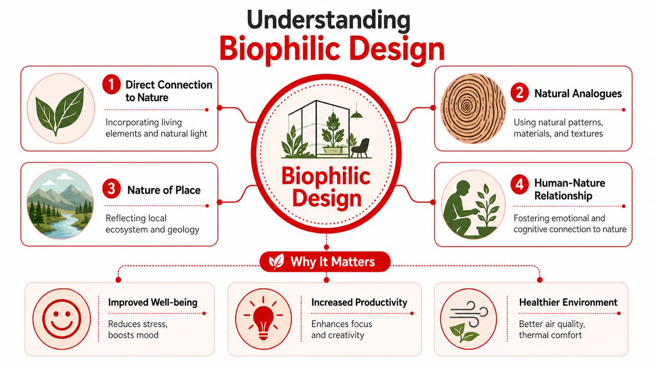 An infographic showing the four principles of biophilic design and three benefits of this design approach.