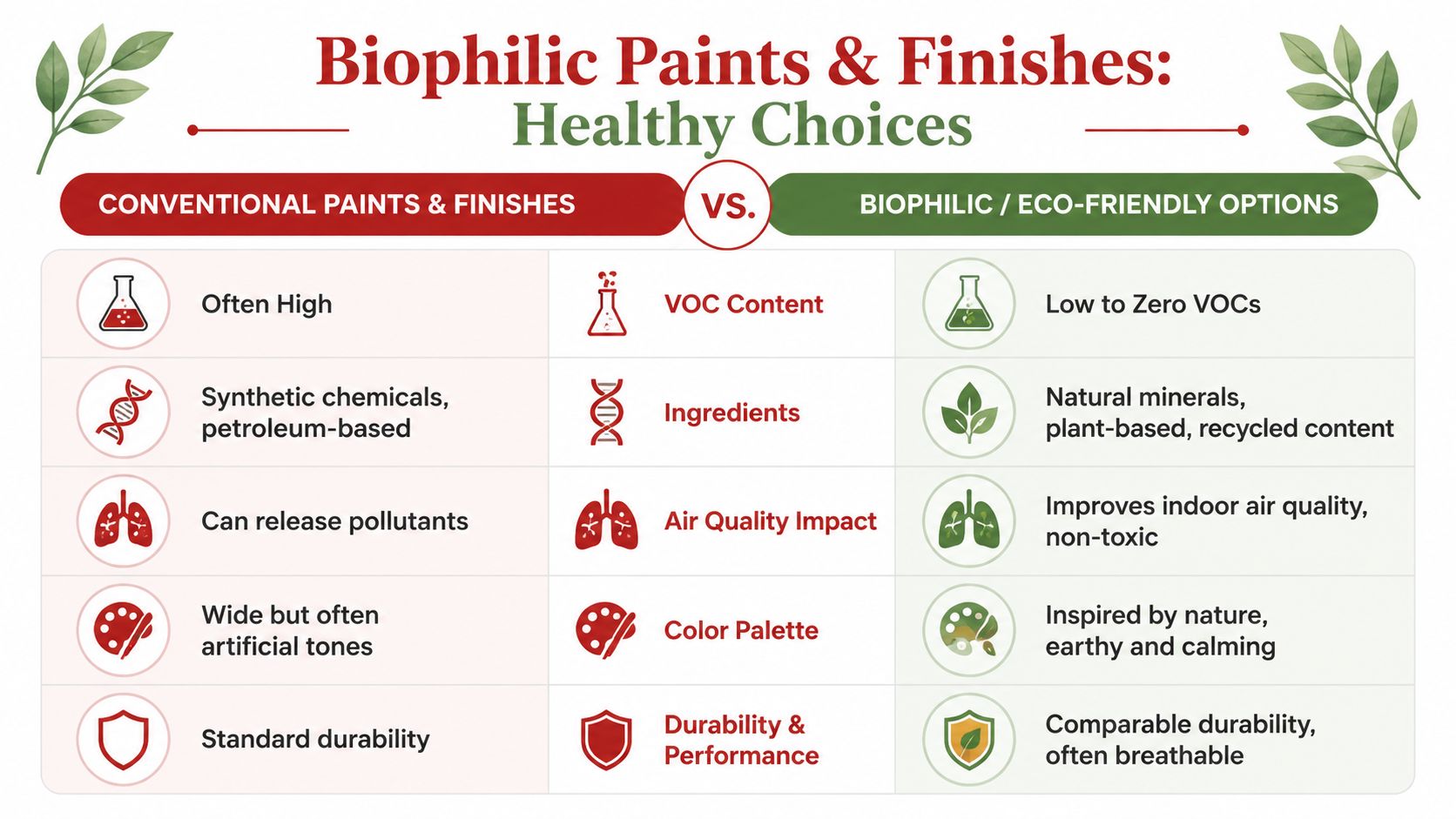 A comparison chart showing the differences between conventional paints and eco-friendly biophilic paints and finishes.