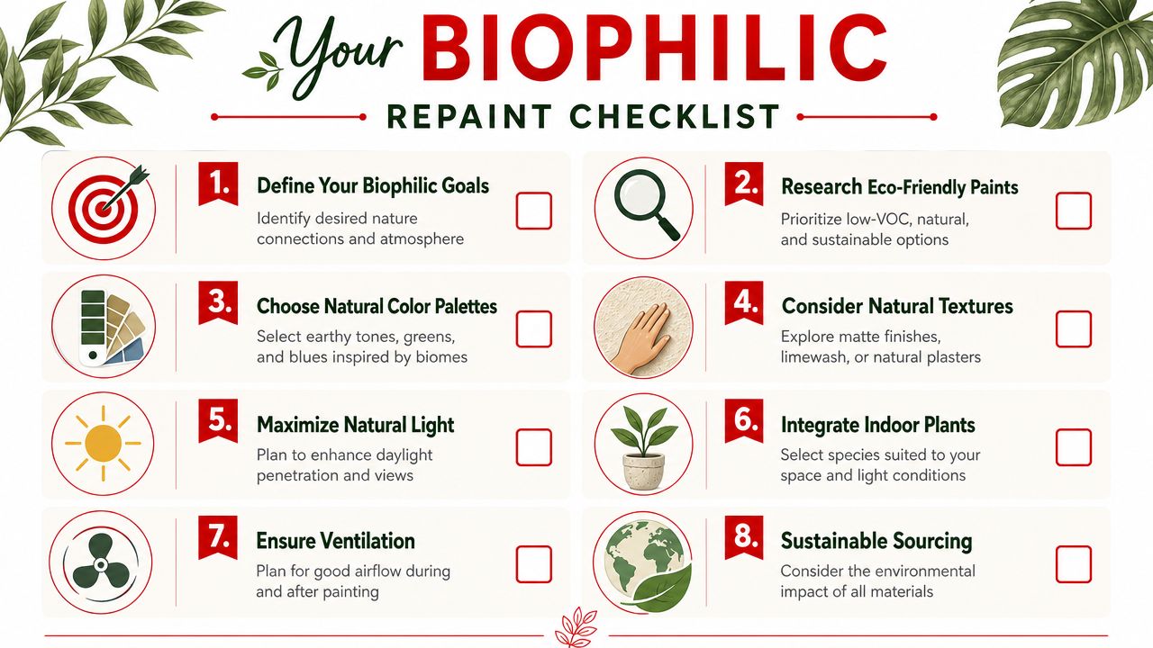 An infographic titled Your Biophilic Repaint Checklist listing eight steps for an eco-friendly nature-inspired room renovation.