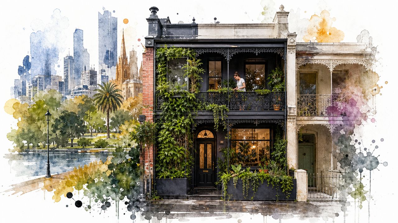 A watercolor style illustration of a Victorian terrace house with abundant green plants set against a cityscape.