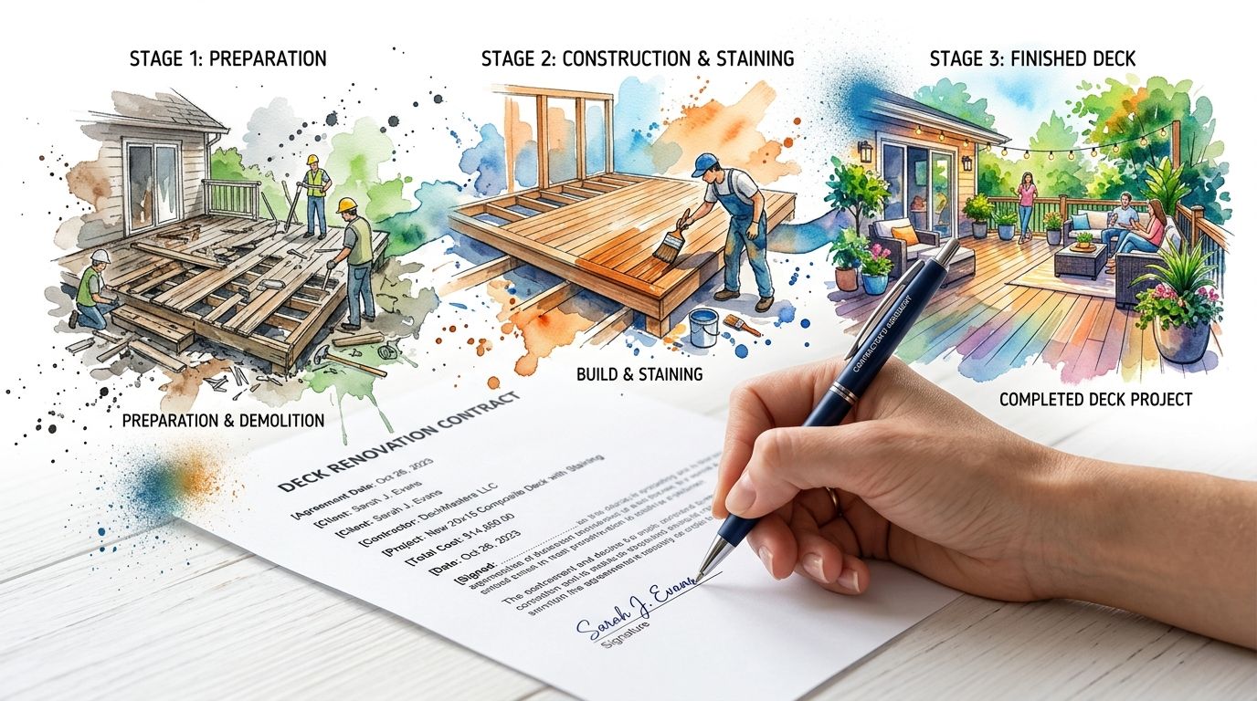 A conceptual watercolor illustration showing the stages of a deck renovation project with a contract signing foreground.