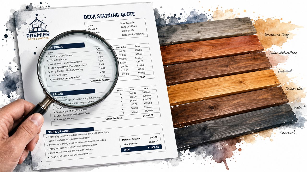 A magnifying glass focusing on a detailed deck staining quote and price list for residential outdoor projects.