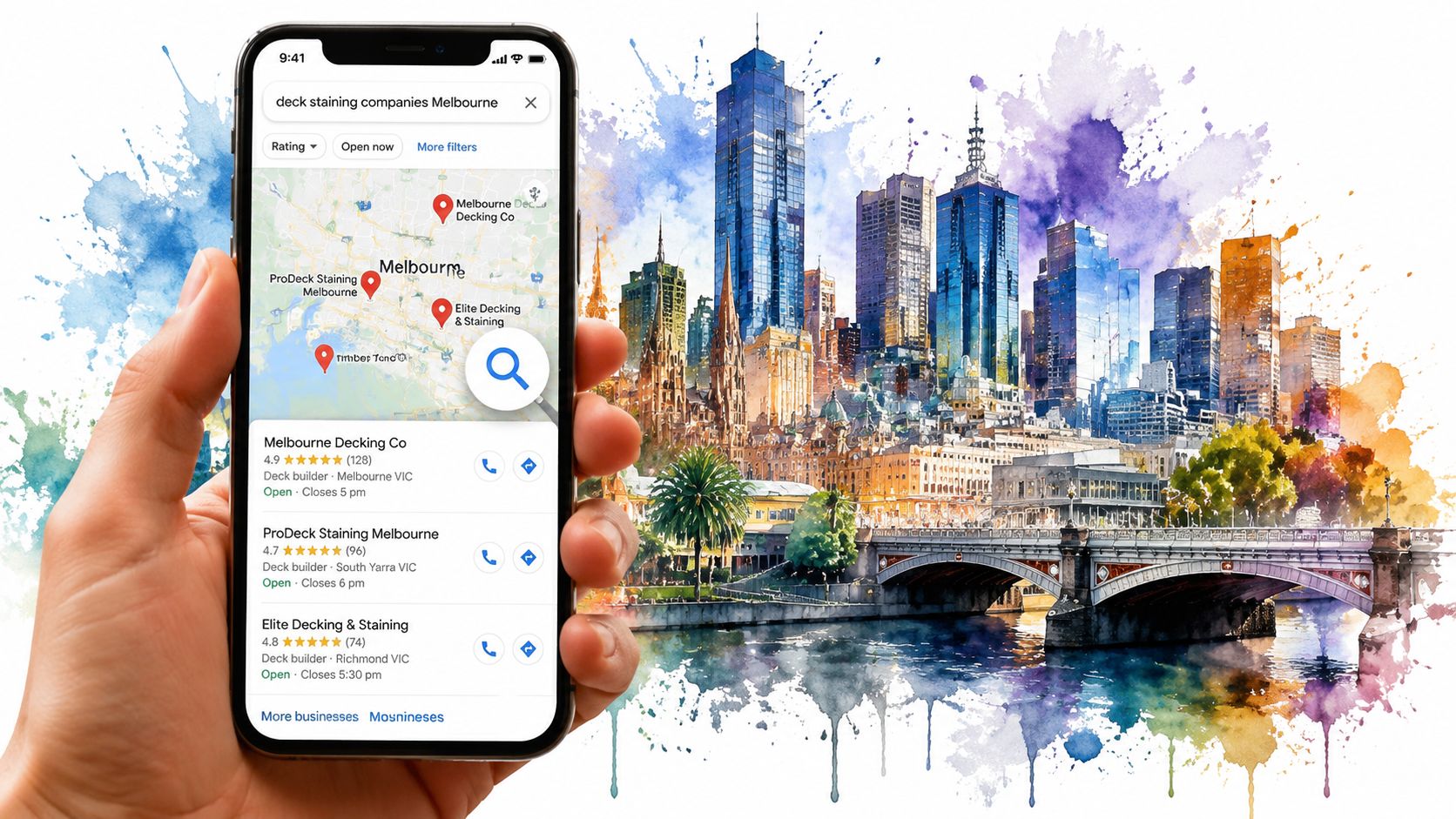 A hand holding a smartphone displaying local search results for deck staining companies in Melbourne, Australia.