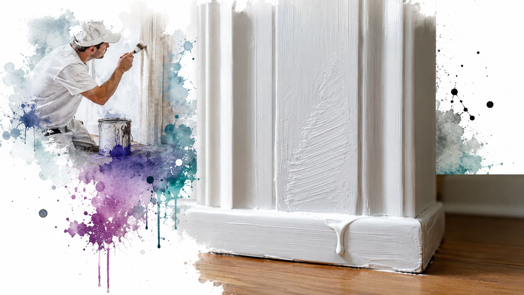 A professional painter applies fresh white paint to architectural trim and door frames in a room.