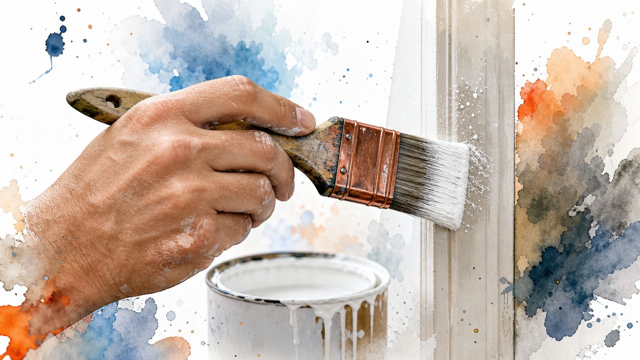 A close up view of a hand painting a wooden door frame with white paint using a brush.