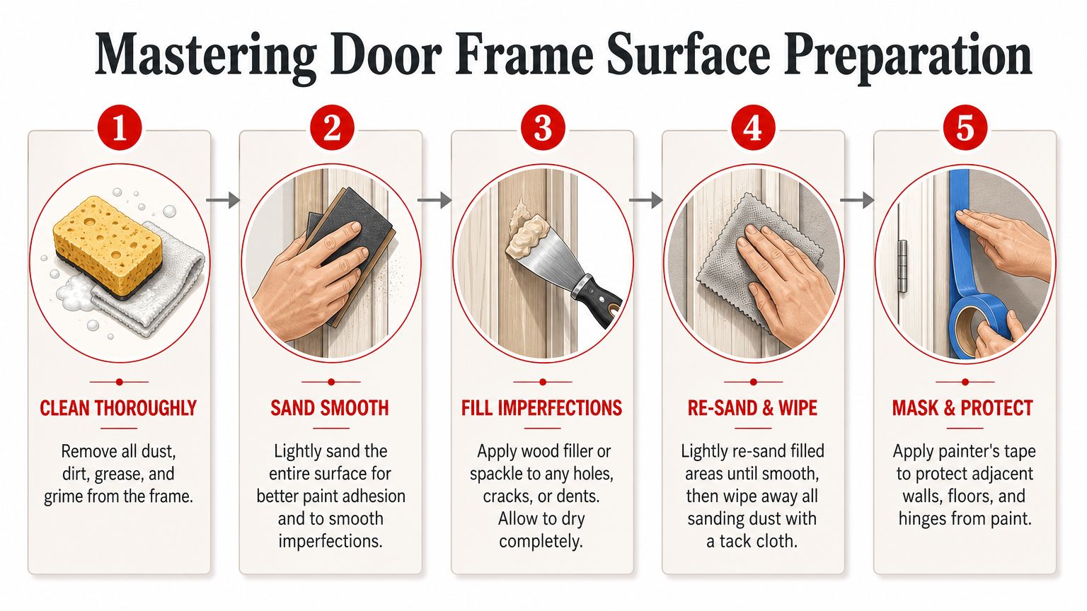 A five-step guide on how to prepare a door frame surface for painting using various cleaning tools.