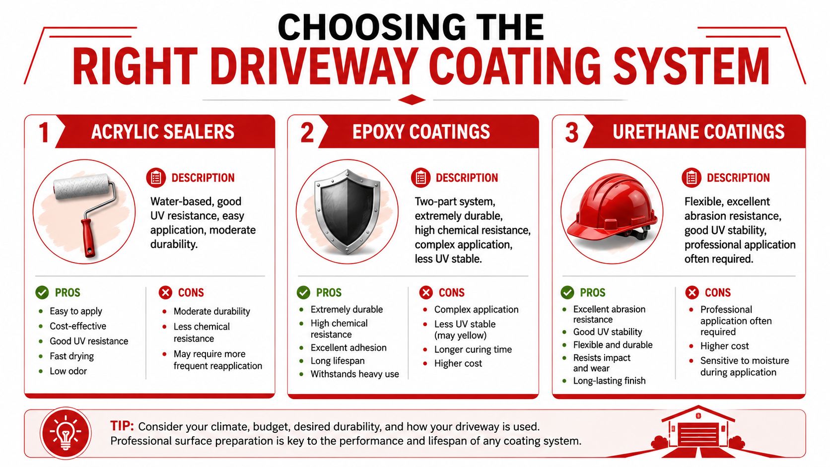 An infographic comparing three different driveway coating systems, including acrylic sealers, epoxy, and urethane coatings.