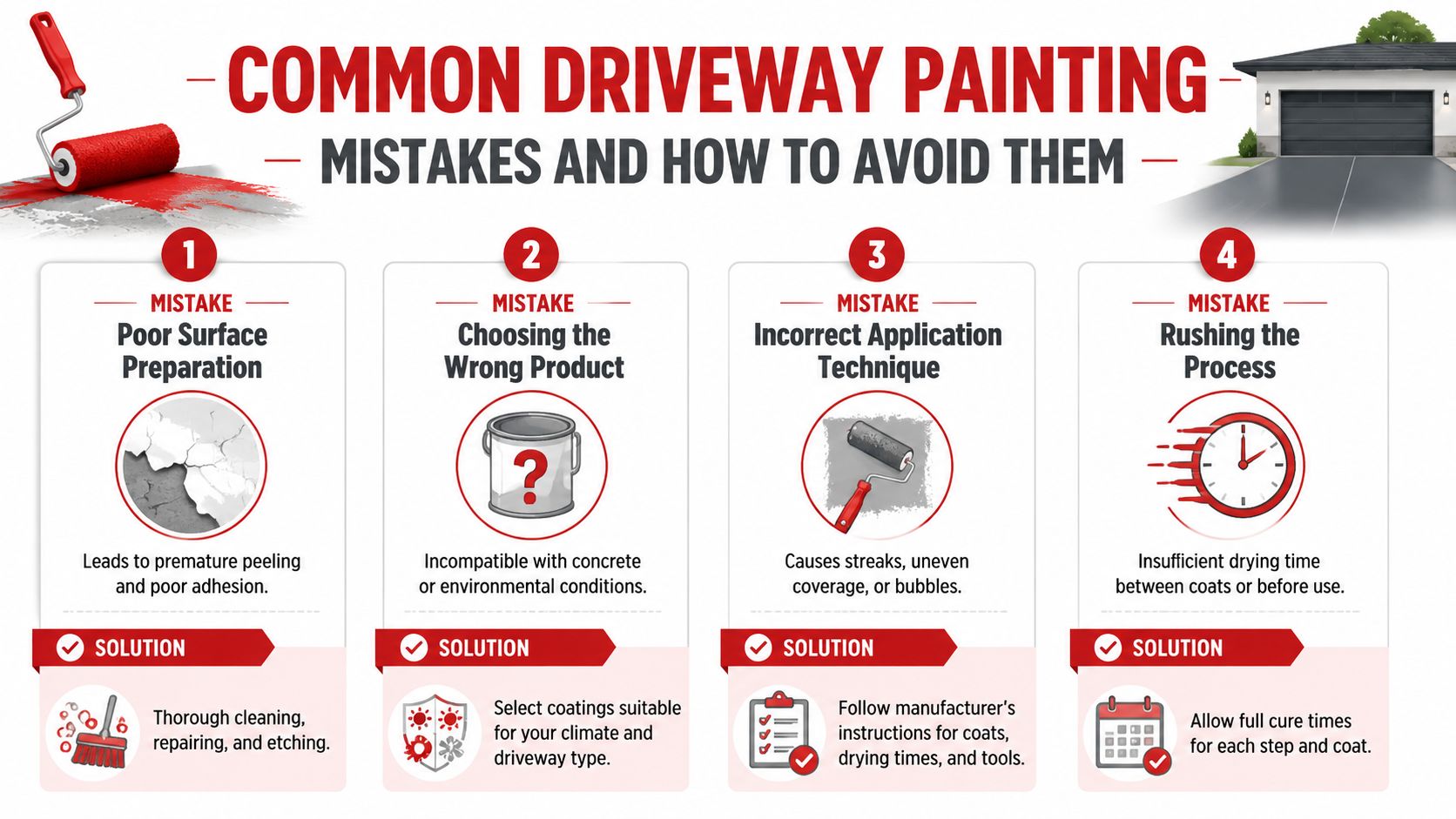 An infographic detailing four common driveway painting mistakes and their solutions to ensure proper surface application.