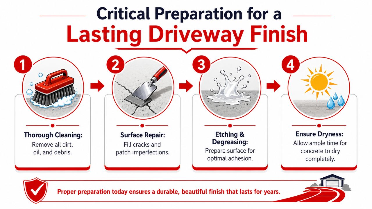 A four-step infographic illustrating essential preparation steps for achieving a long-lasting concrete driveway finish.