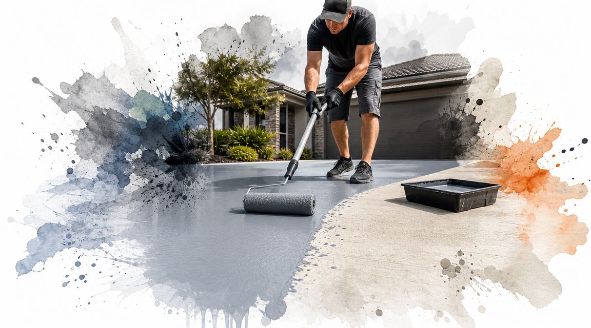 A professional worker uses a paint roller to apply grey epoxy coating to a concrete driveway surface.