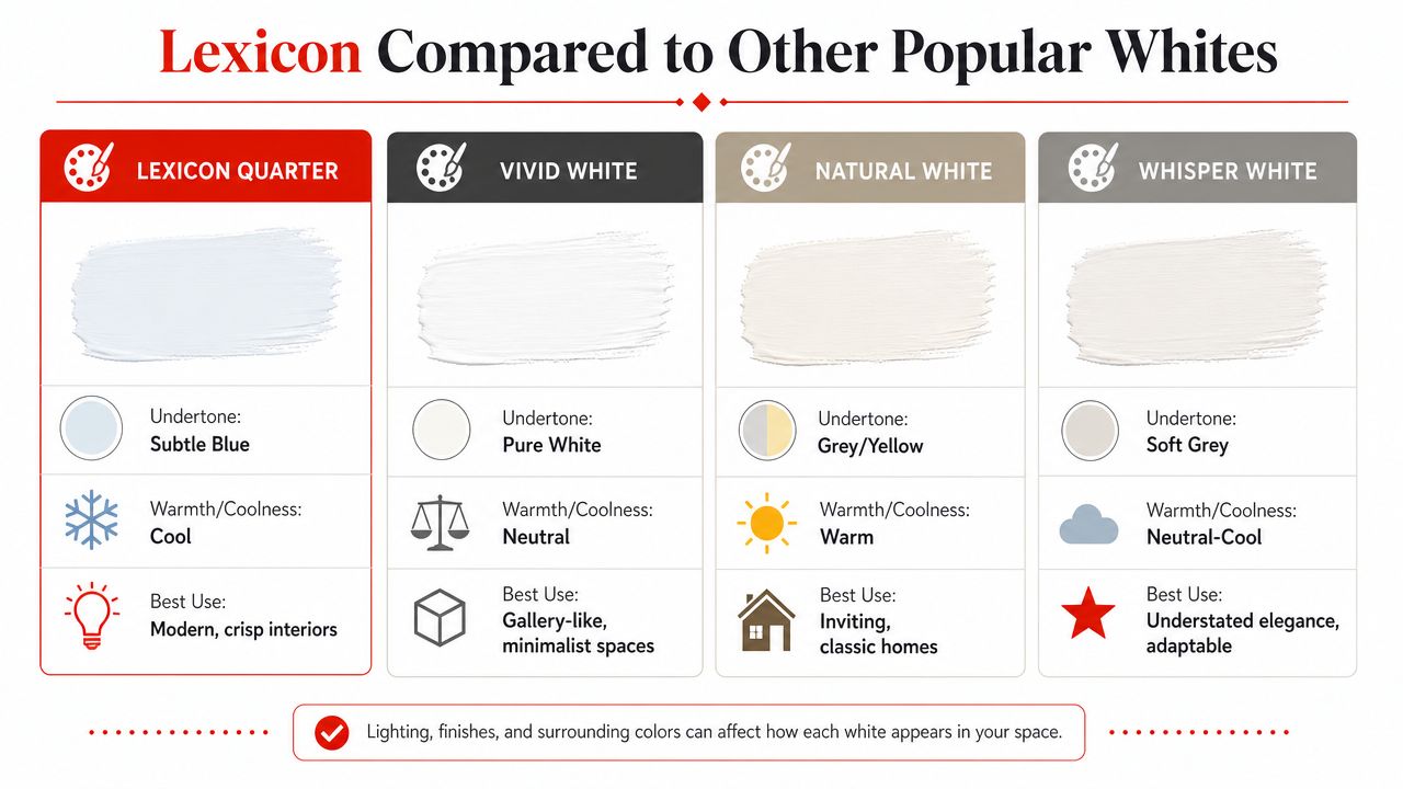 A comparison chart showing Lexicon Quarter paint against popular white colors, noting undertones, warmth, and recommended use.