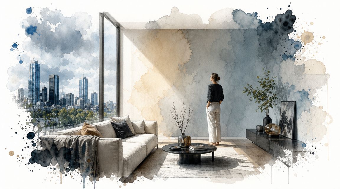 A woman stands in a modern living room looking at a wall with watercolor paint effect.