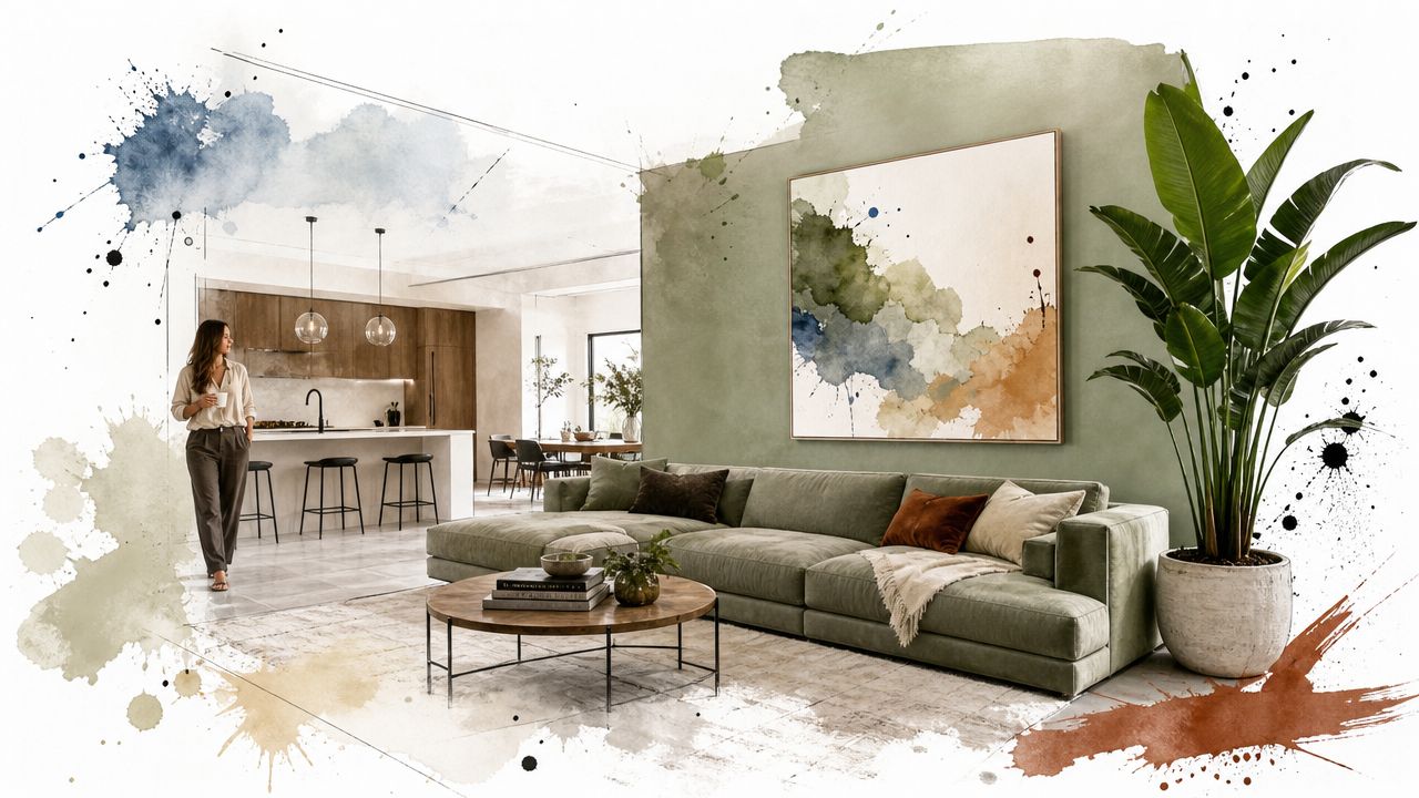 A modern living room with a green velvet sofa, matching paint on the wall, and watercolor accents.