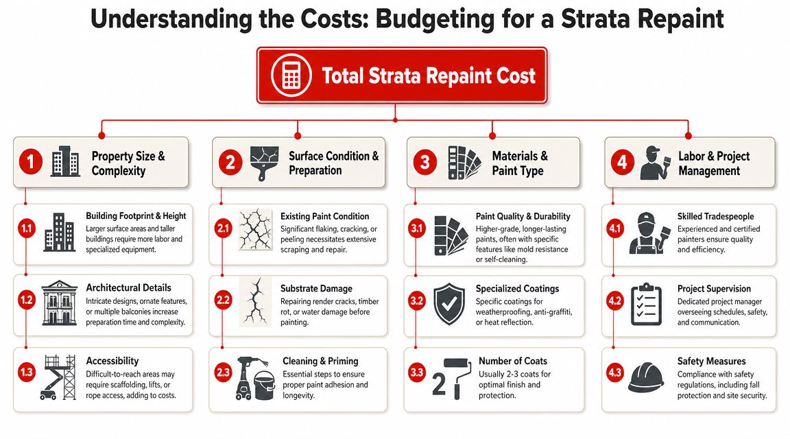 An infographic detailing the four key factors influencing the total budget for strata painting projects.