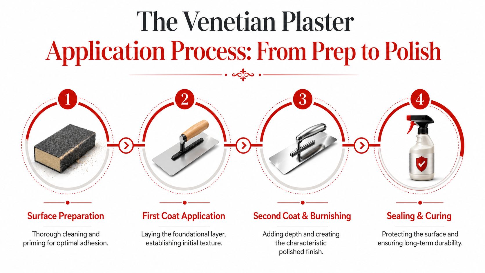 An infographic detailing the four-step Venetian plaster application process, from surface preparation to final sealing.