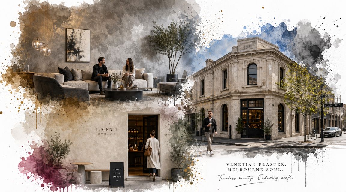 A watercolor-style collage featuring a modern interior, a woman entering a Lucenti cafe, and a historic Melbourne building.