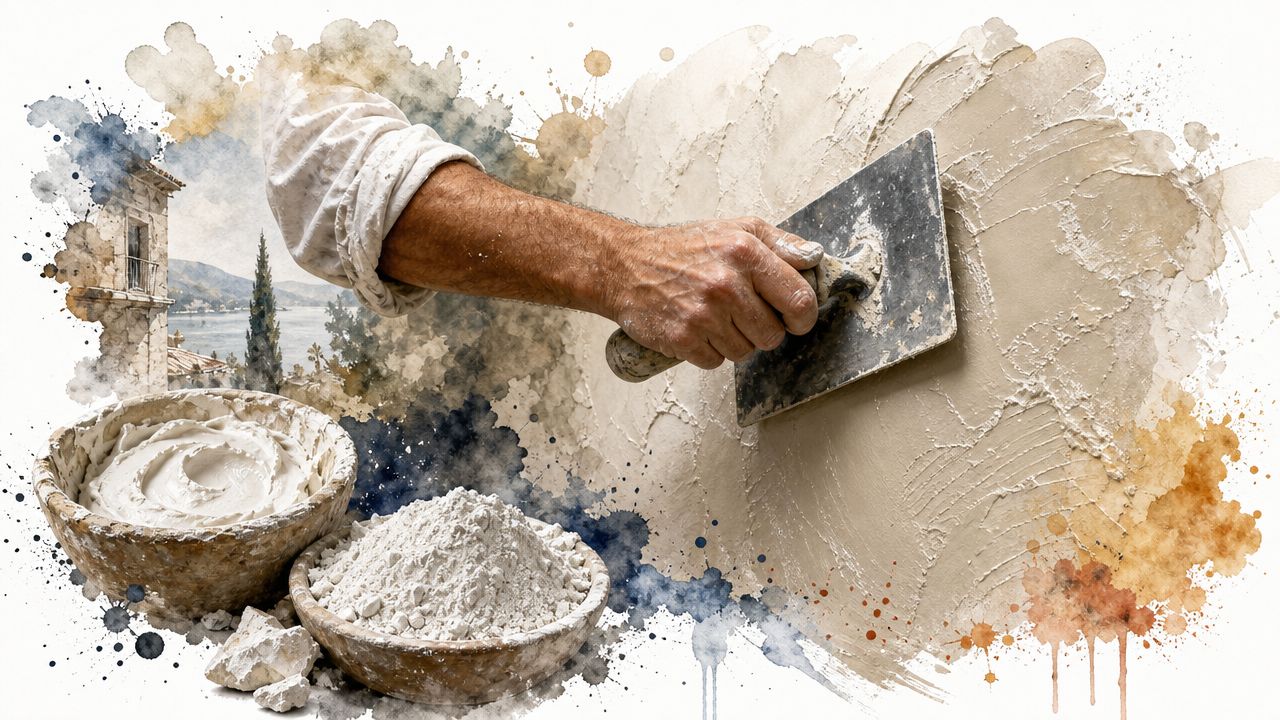 A craftsman applying decorative Venetian plaster to a wall with a trowel, accompanied by raw materials.
