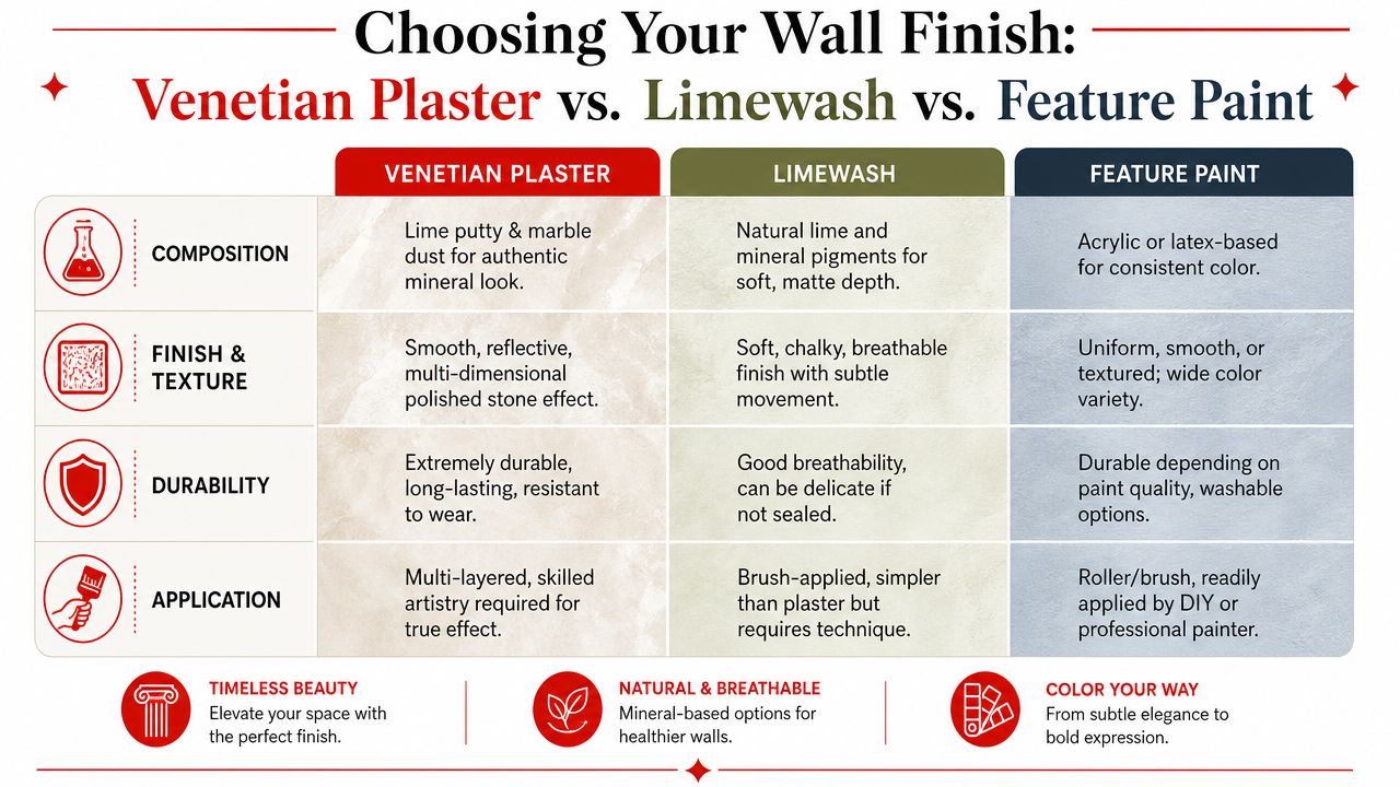 A comparison chart detailing the differences between Venetian plaster, limewash, and feature paint wall finishes.